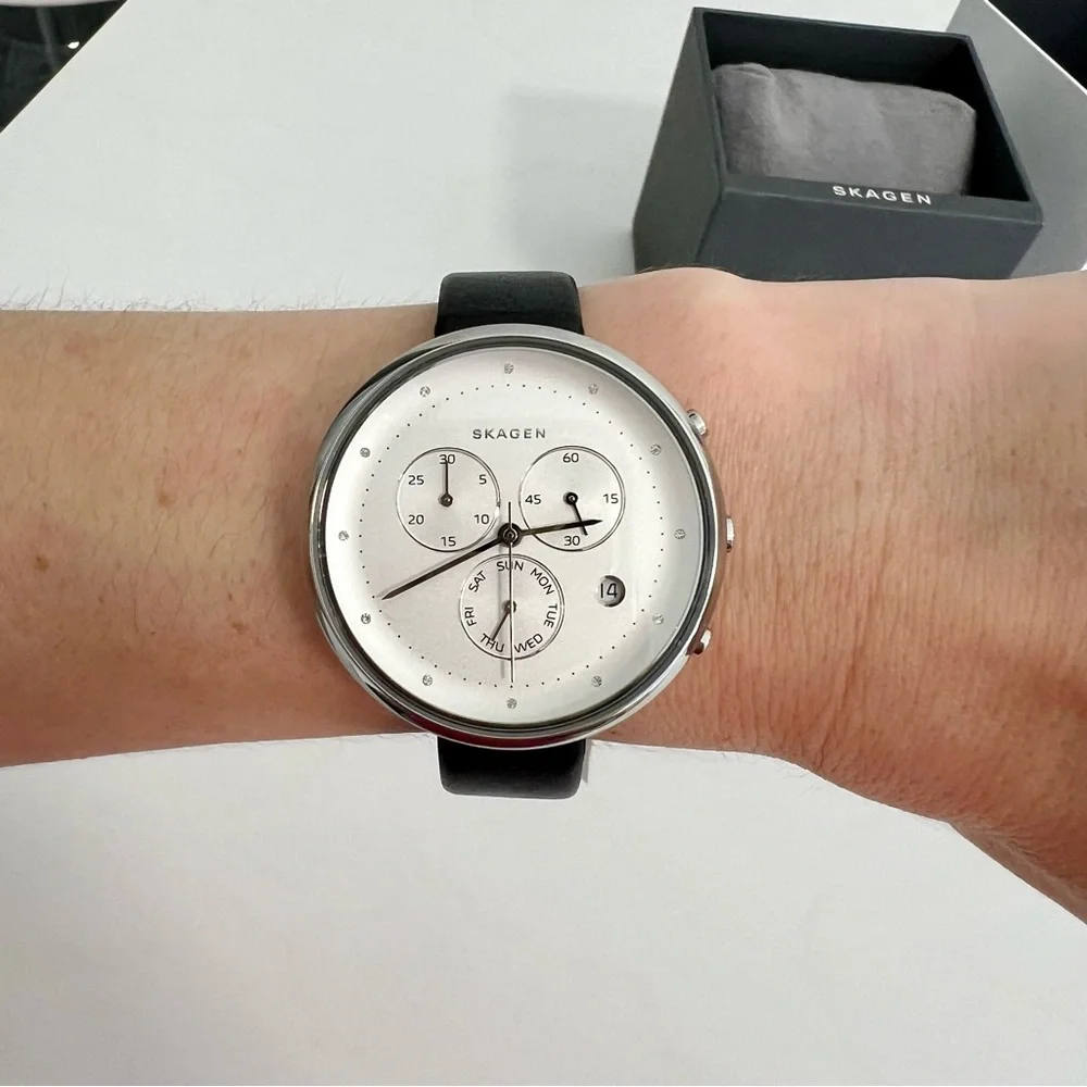 Skagen Women's Gitte Chronograph Black Leather Strap Watch - Picture 11 of 17